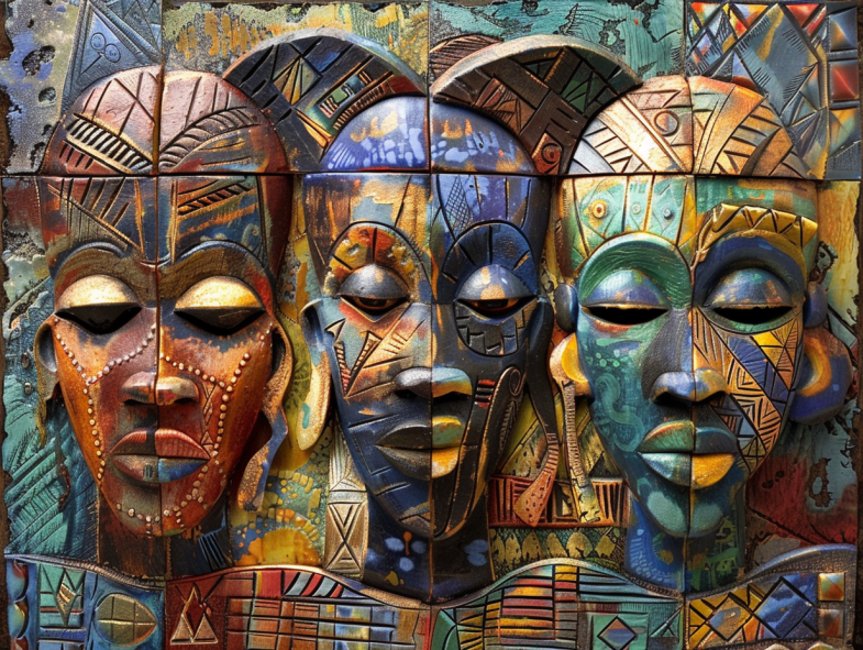 Illustration d'art africain — masques et motifs colorés
